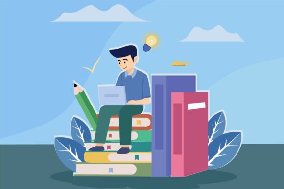 Man Sit on Books While Surfing Internet: A Modern Symbol of Learning and Innovation