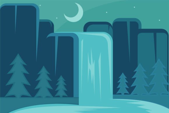 Waterfall at Night Vector Illustration